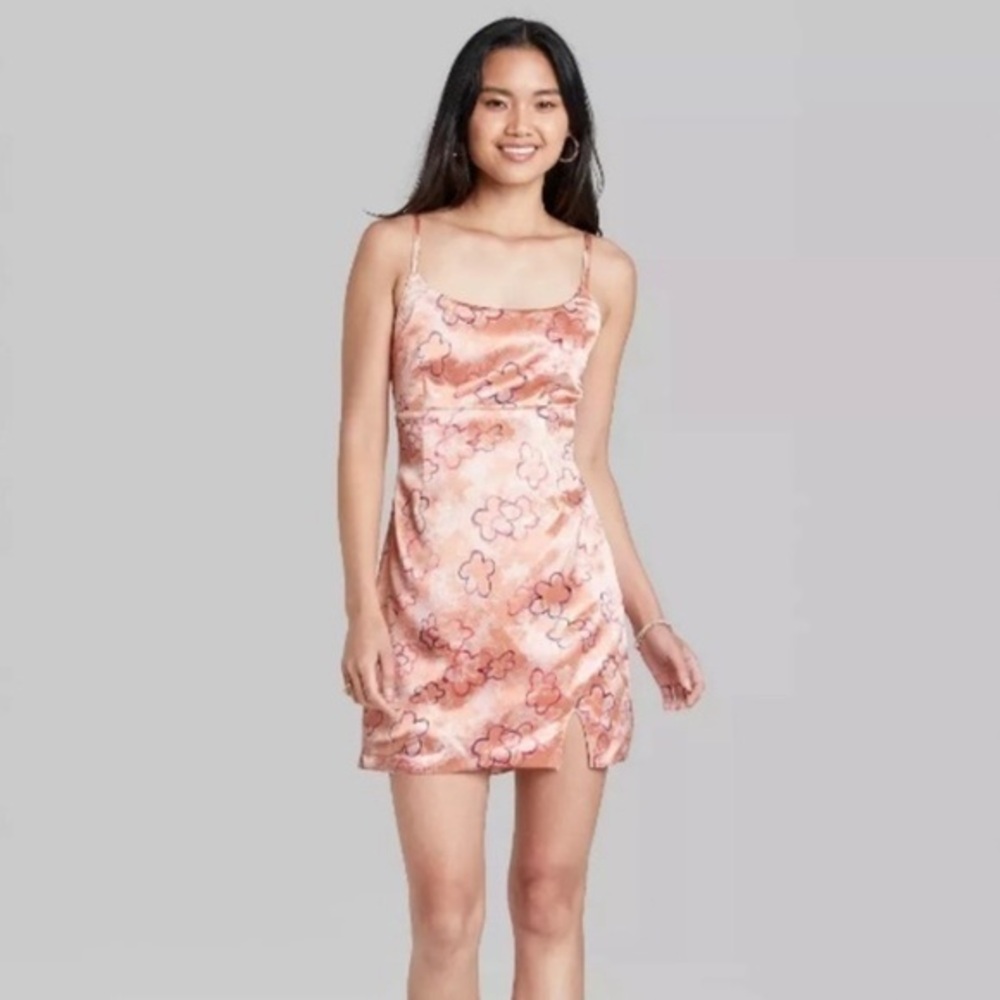 Pink Floral Silky Mini Dress - Wild Fable, spaghetti strap size M